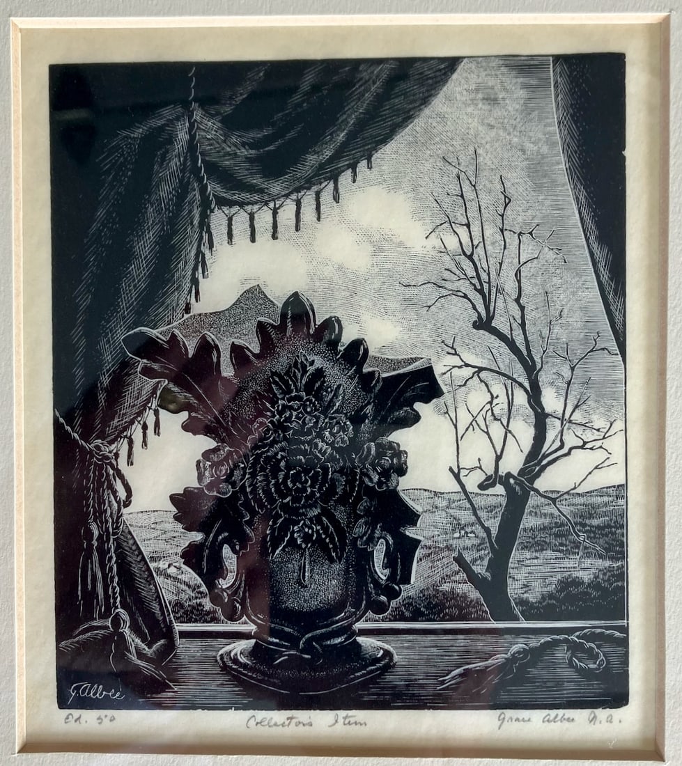 Grace Albee woodcut engraving: Grace Arnold Albee (American, 1890-1985). Title: Collector's Item, 1945. Medium: woodcut engraving. Signed, titled and edition number in pencil, lower margin. Edition of 50. Dimensions: 5 1/4" x 4