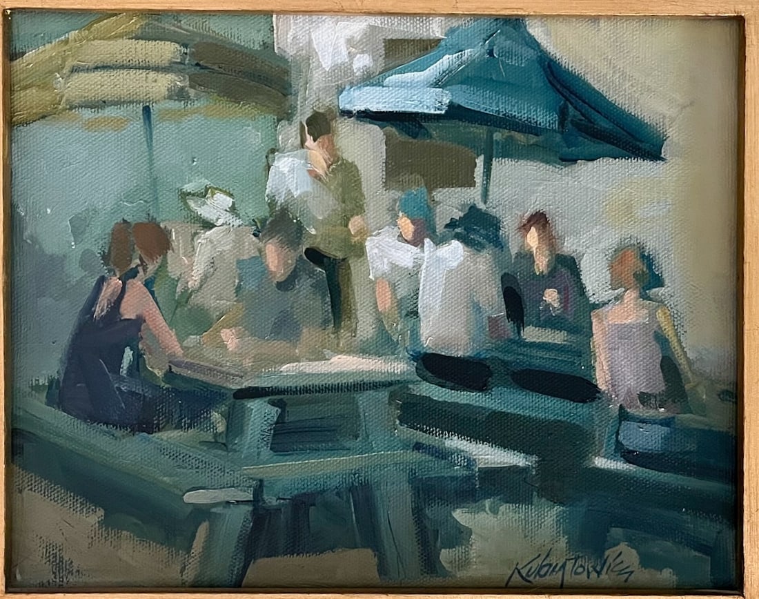 Monhegan Fish House by Providence Art Club artist: Artist: James Kubiatowicz (American, 20th century). Title: Monhegan Fish House, 2008. Oil on canvas. Signed lower right. Dimensions: 8" x 10". Framed: 13" x 15 1/2". James Kubiatowicz is a
