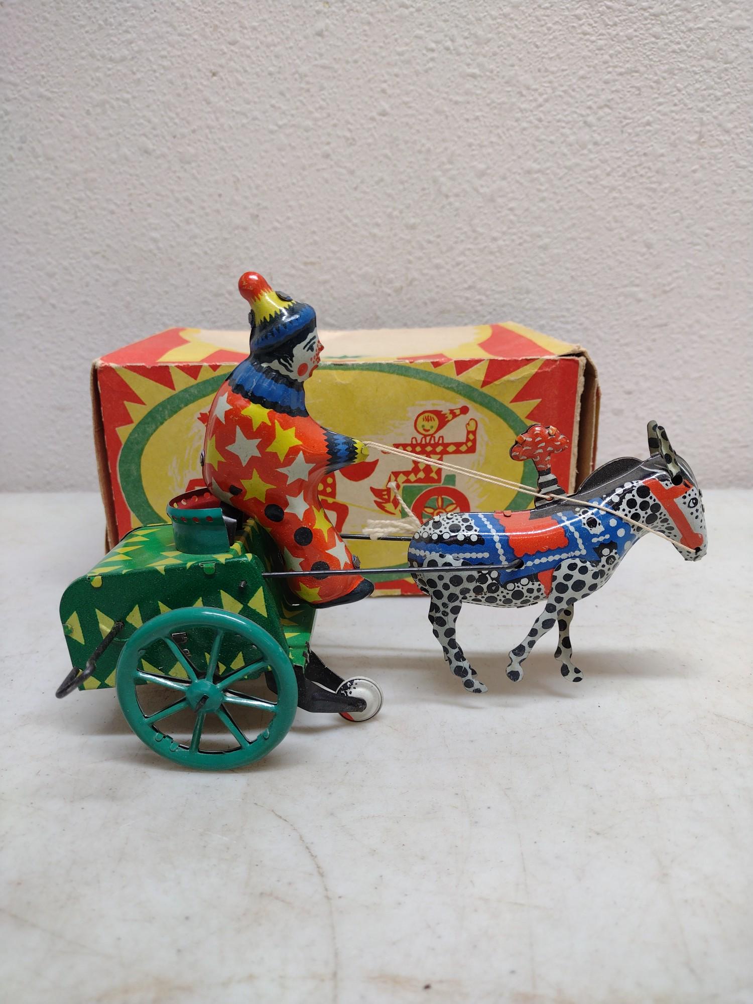 Tin windup donkey / clown toy works (1 of 9)