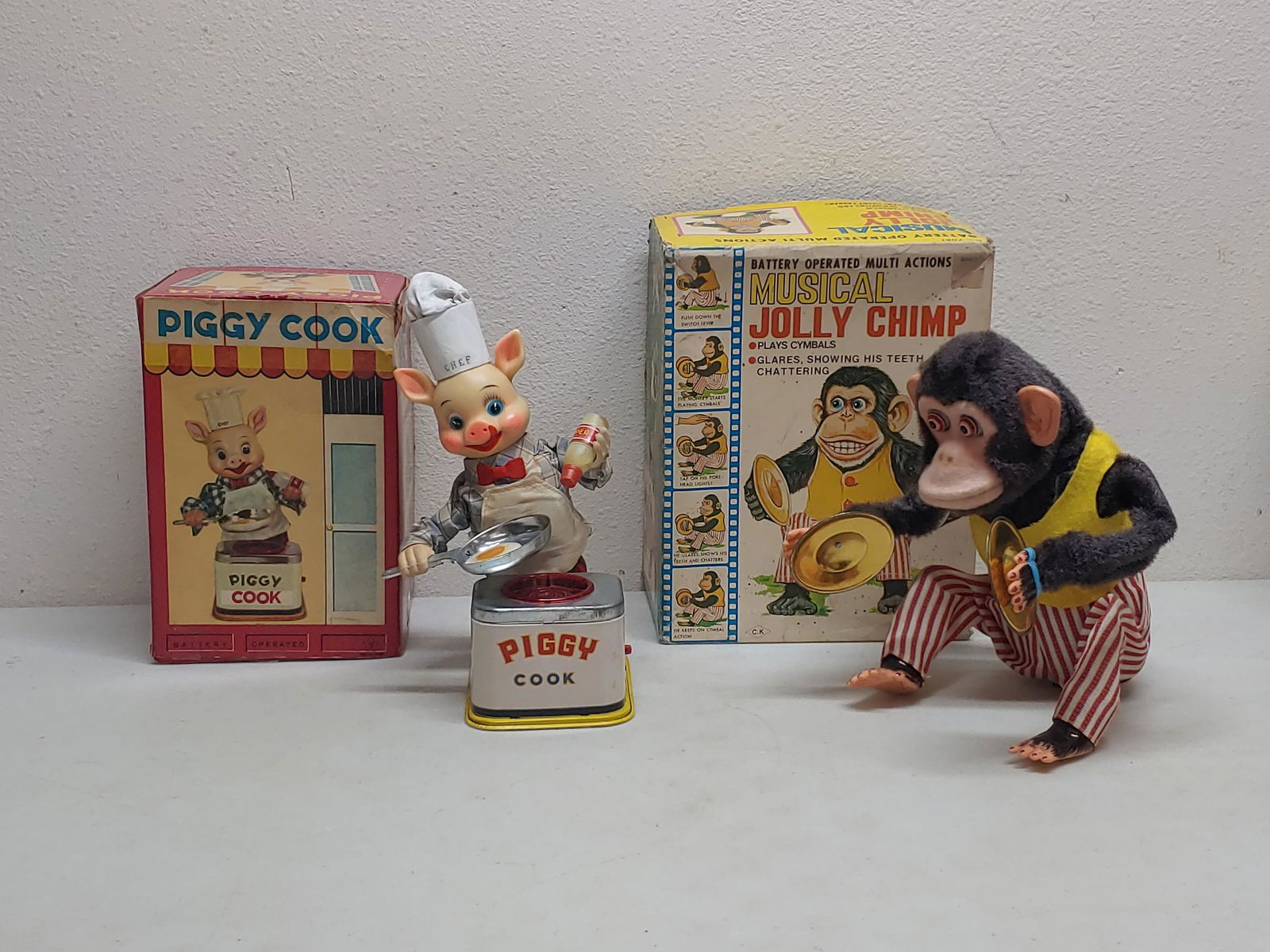 Battery-Op Tin Toys Piggy Cook Jolly Chimp: Tallest approx. 11" untested with boxes