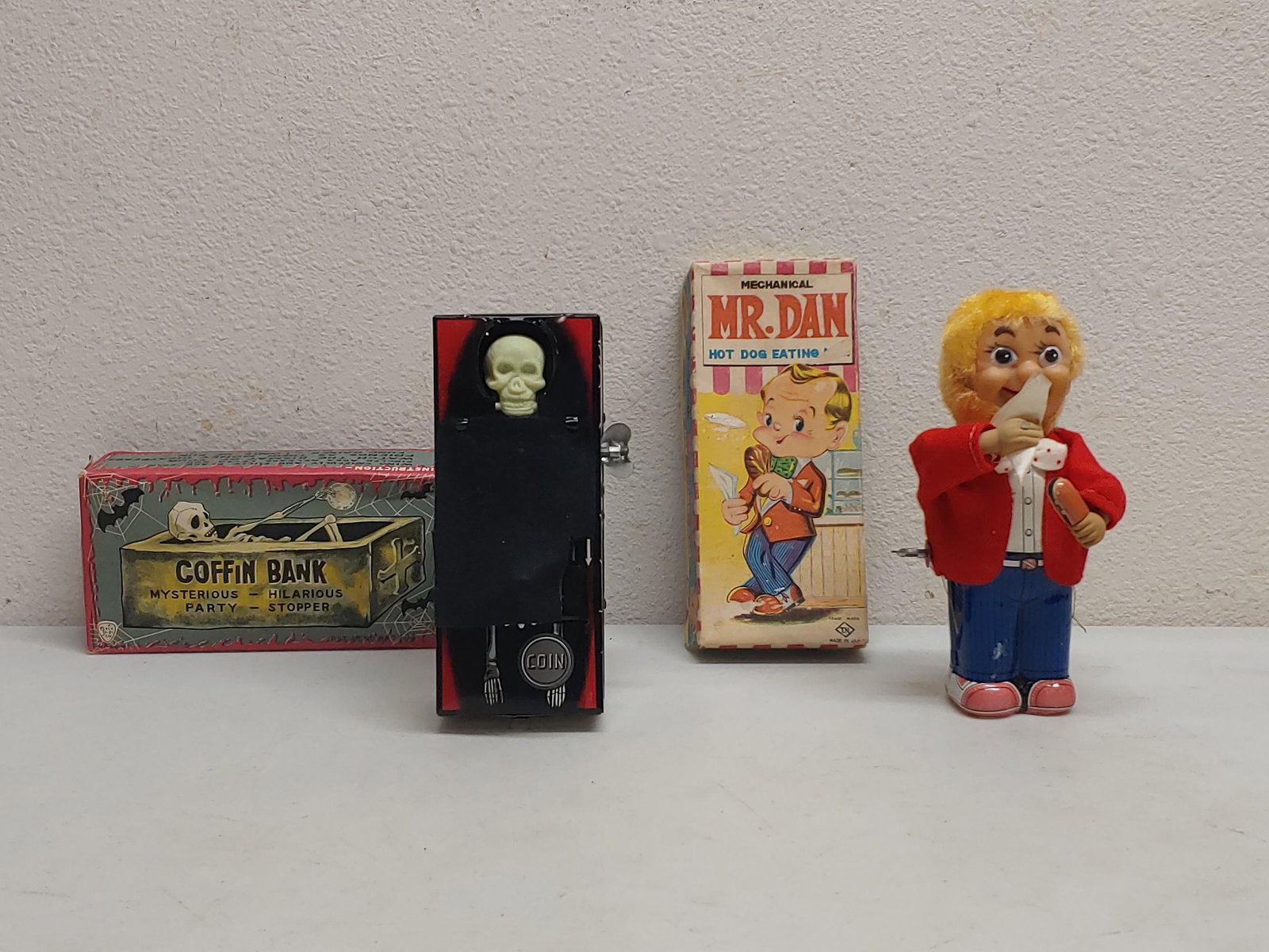 Tin Wind-Up Toys One Bank with Boxes: Tallest approx. 7" working
