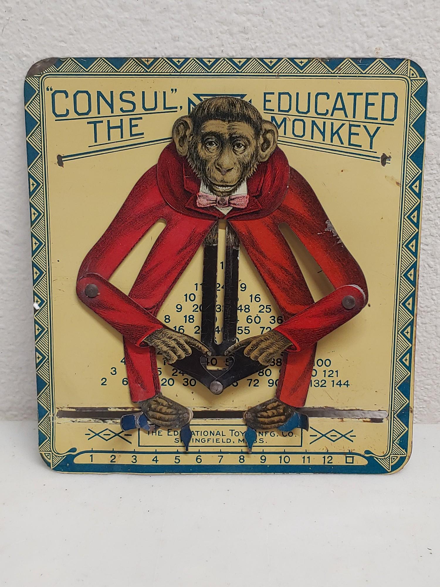 Council educated monkey tin toy.: 5 3/8 wide x 5 7/8 high working Compute multiplication tables