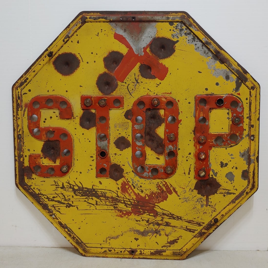 SS Steel '20s-30s Yellow Stop Sign w/ Marble Reflectors (1 of 7)