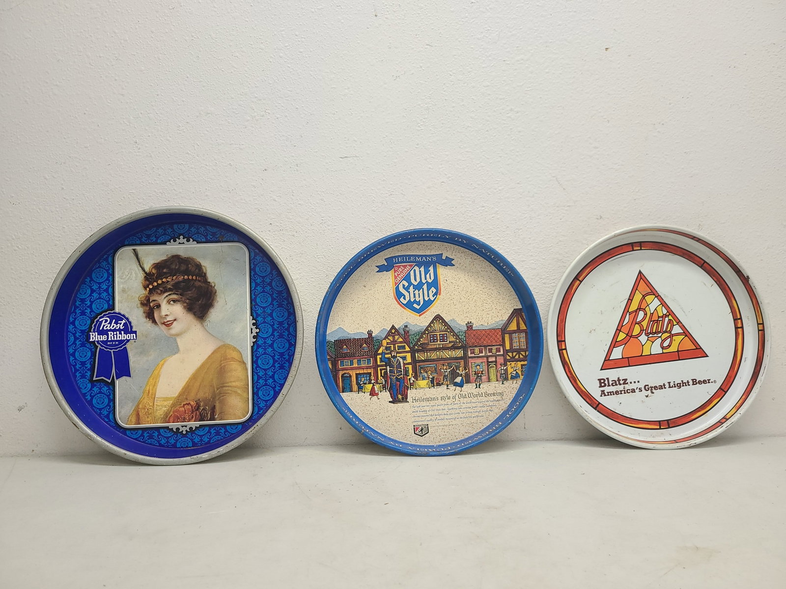 3 Beer Trays. Pabst, Old Style and Blatz: Largest 13" Haskell Coffin print