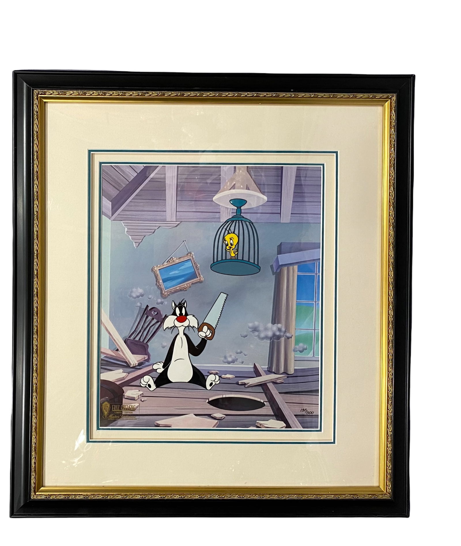 Warner Bros Cel Bad Ol' Putty Tat Signed: This is #135 of 500 and is signed by Friz Frelent It has a Warner Certificate of Authenticity dated 1996. It shows Tweety & Sylvester. It is inspired by a scene from The 1947 short Merrie Melodies car