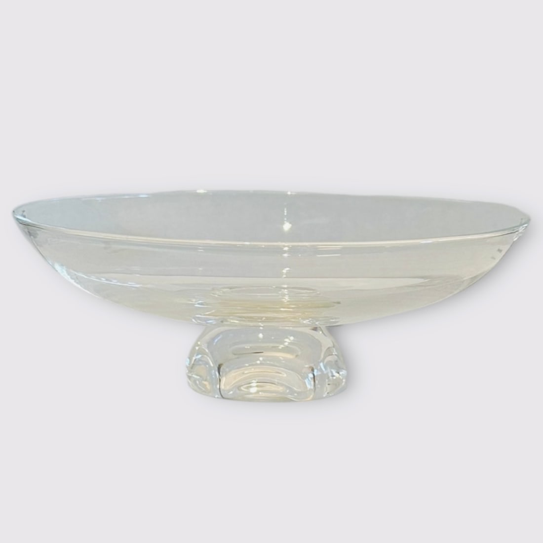 Steuben Centerpiece Bowl 3 3/4” x 11” Signed: This signed Steuben centerpiece bowl stands 3 3/4” tall and has a diameter of 11”. It is singed in the center on the bottom. There are no chips – cracks or repairs to this bowl. All meas