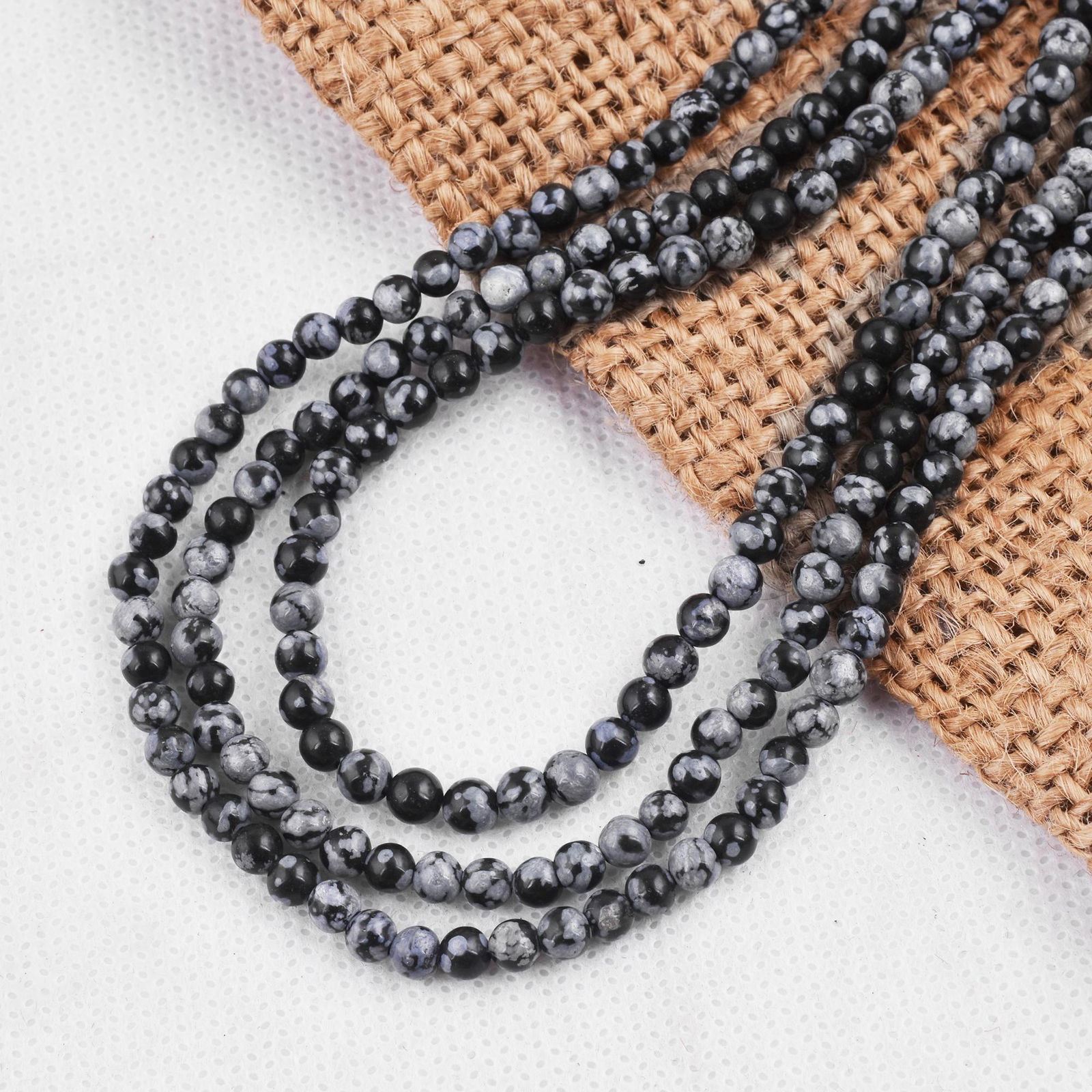Natural Snowflake Obsidian Necklace 4 MM Round Smooth 3 String Beads Gemstone (1 of 5)
