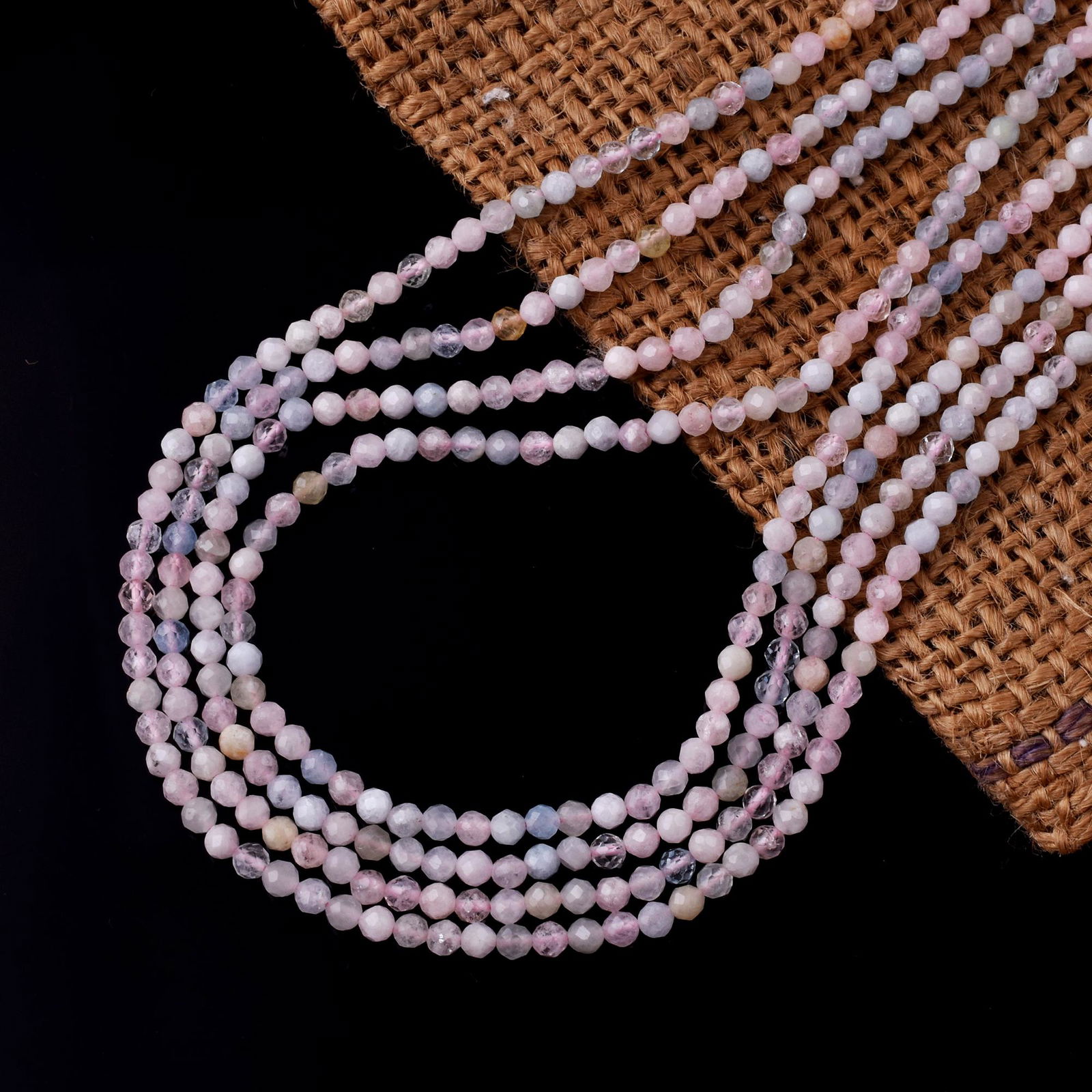 Natural Morganite 3 MM Round Faceted 4 String Beads Necklace (1 of 4)