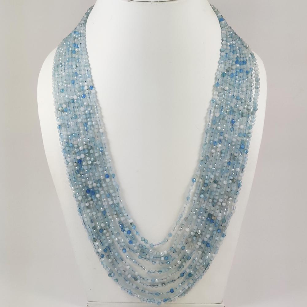 AQUAMARINE FACETED BEADS NECKLACE 10 STRAND: PRODUCT DESCRIPTION - NATURAL AQUAMARINE GEMSTONE 3 MM FACETED BEADS NECKLACE 10 STRAND Product Type : Beads Necklace Gemstone : Aquamarine Color : Aqua Blue Beads Shape : Round Faceted Cut Beads Size