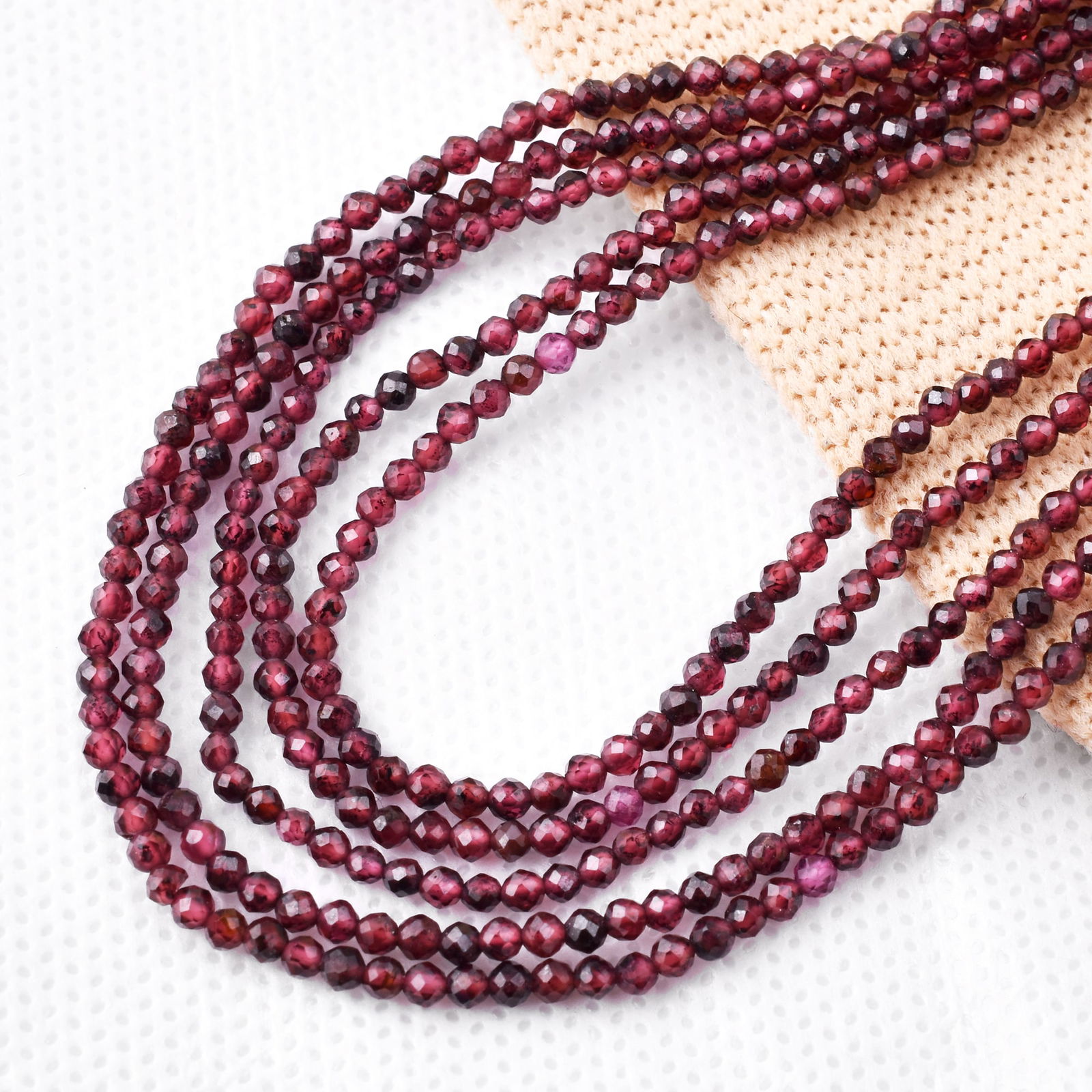 Natural Garnet 2 MM Round Faceted 5 String Beads Necklace (1 of 5)