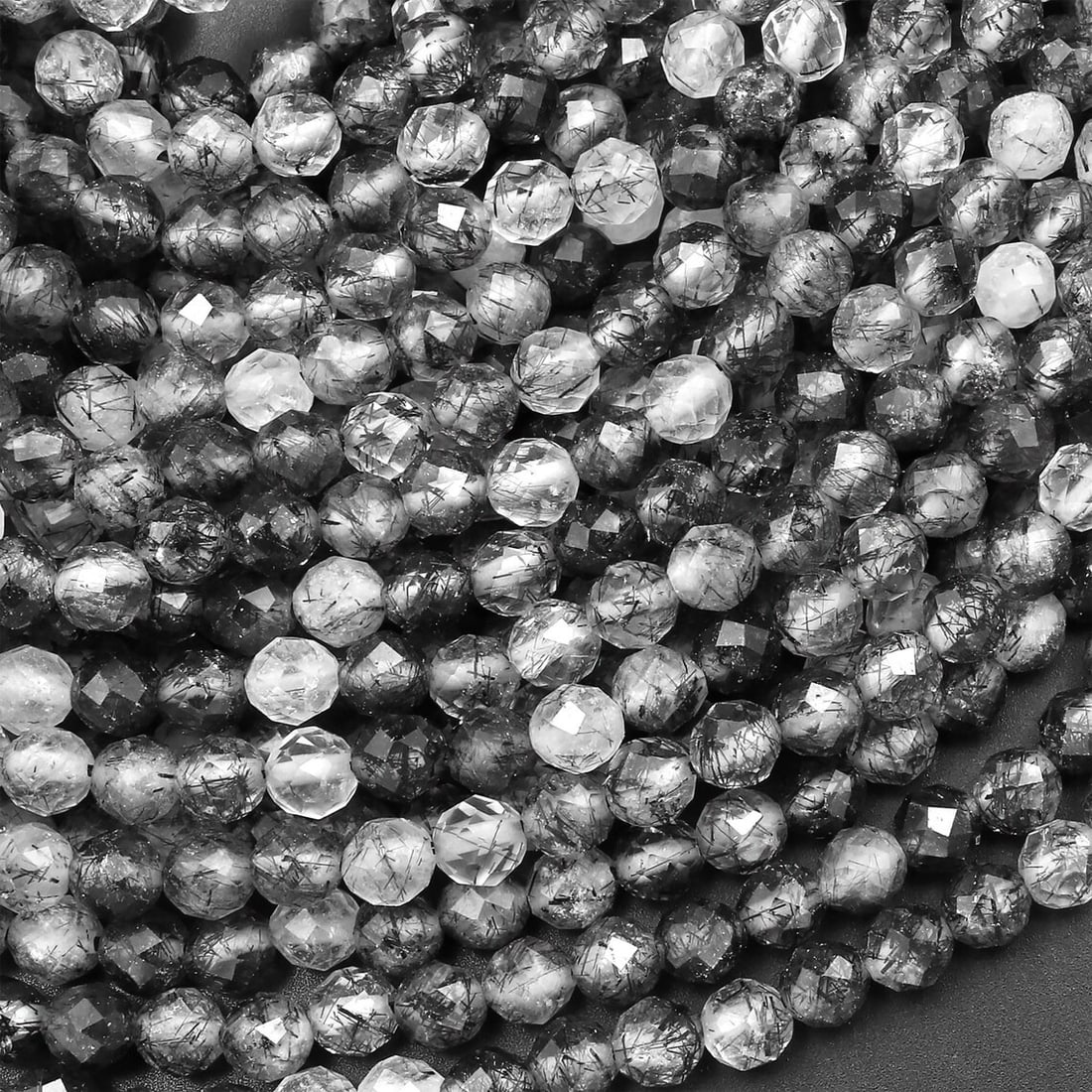 Natural Black Tourmaline Rutile Quartz Gemstone 4 mm Round Micro Faceted Beads 10 Strand (1 of 5)