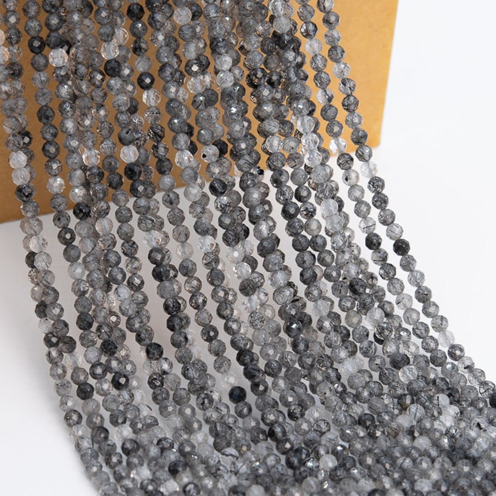 Natural Black Tourmaline Rutile Quartz Gemstone 2 mm Round Micro Faceted Beads 10 Strand (1 of 5)