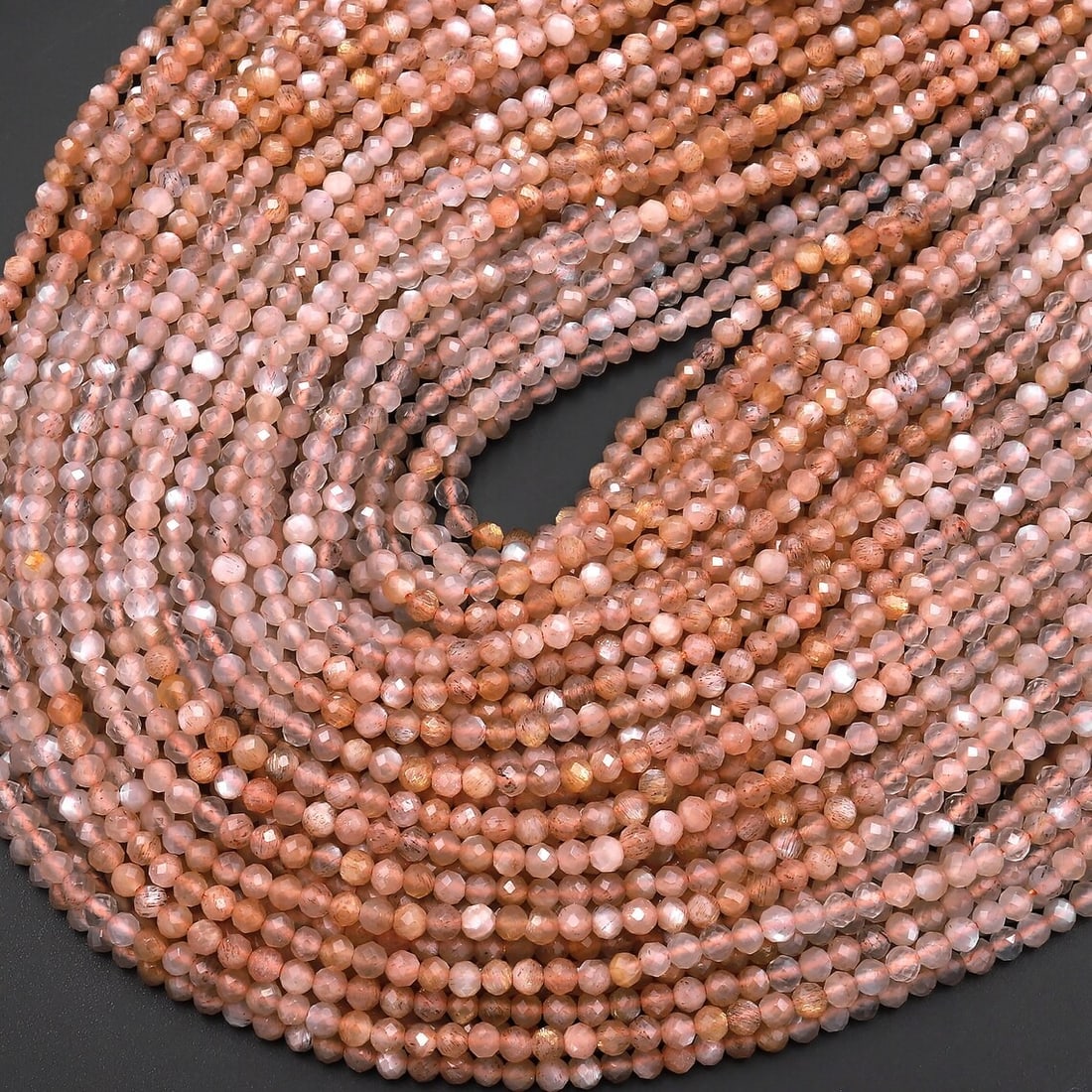 Natural Silvery Peach Moonstone Shaded Gemstone 3 mm Round Micro Faceted Beads 10 Strand (1 of 5)