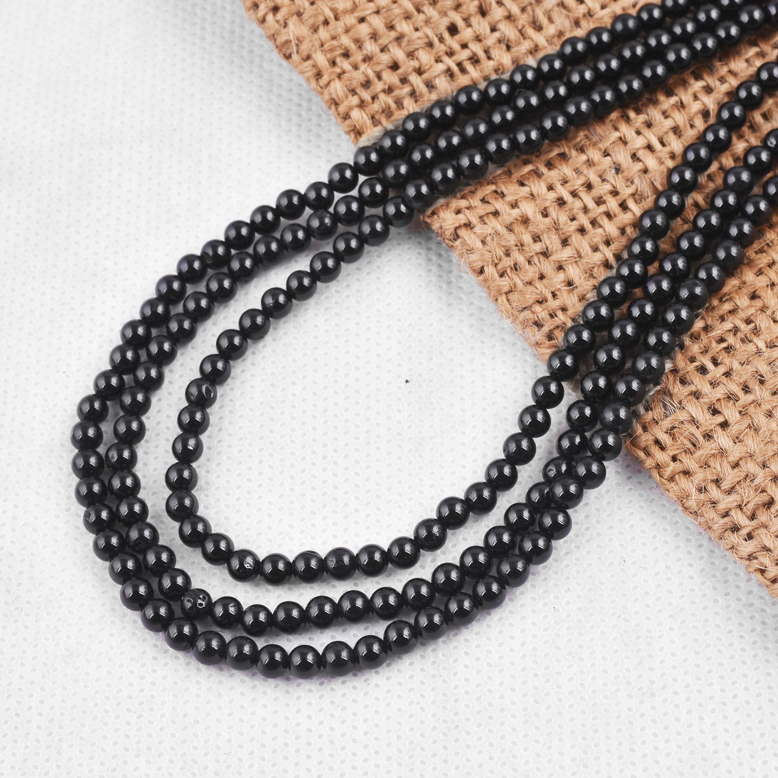 Natural Black Tourmaline Necklace 4 MM Round Smooth 3 String Beads Gemstone (1 of 5)