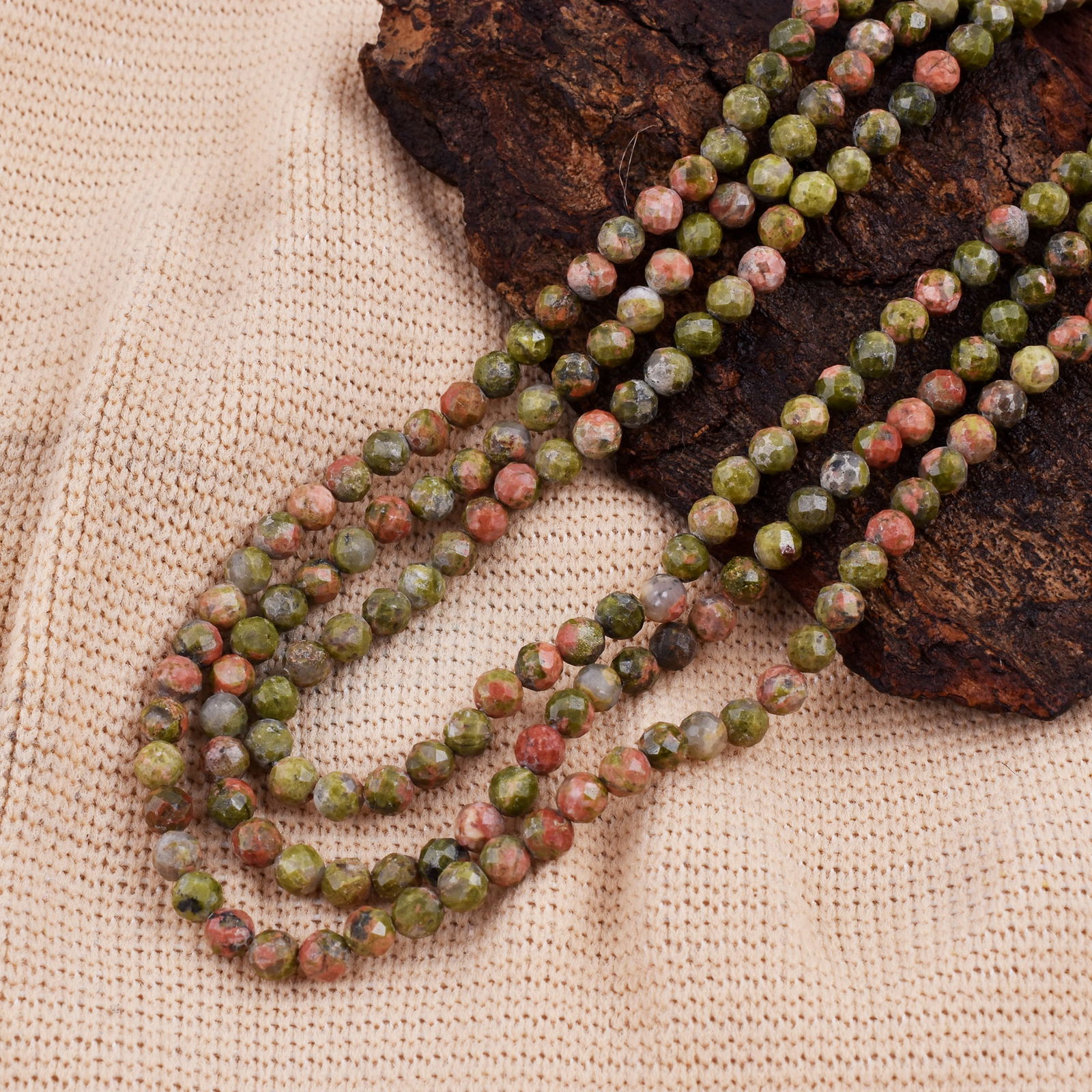 Natural Unakite Necklace 4 MM Round Faceted 3 String Beads Gemstone (1 of 5)