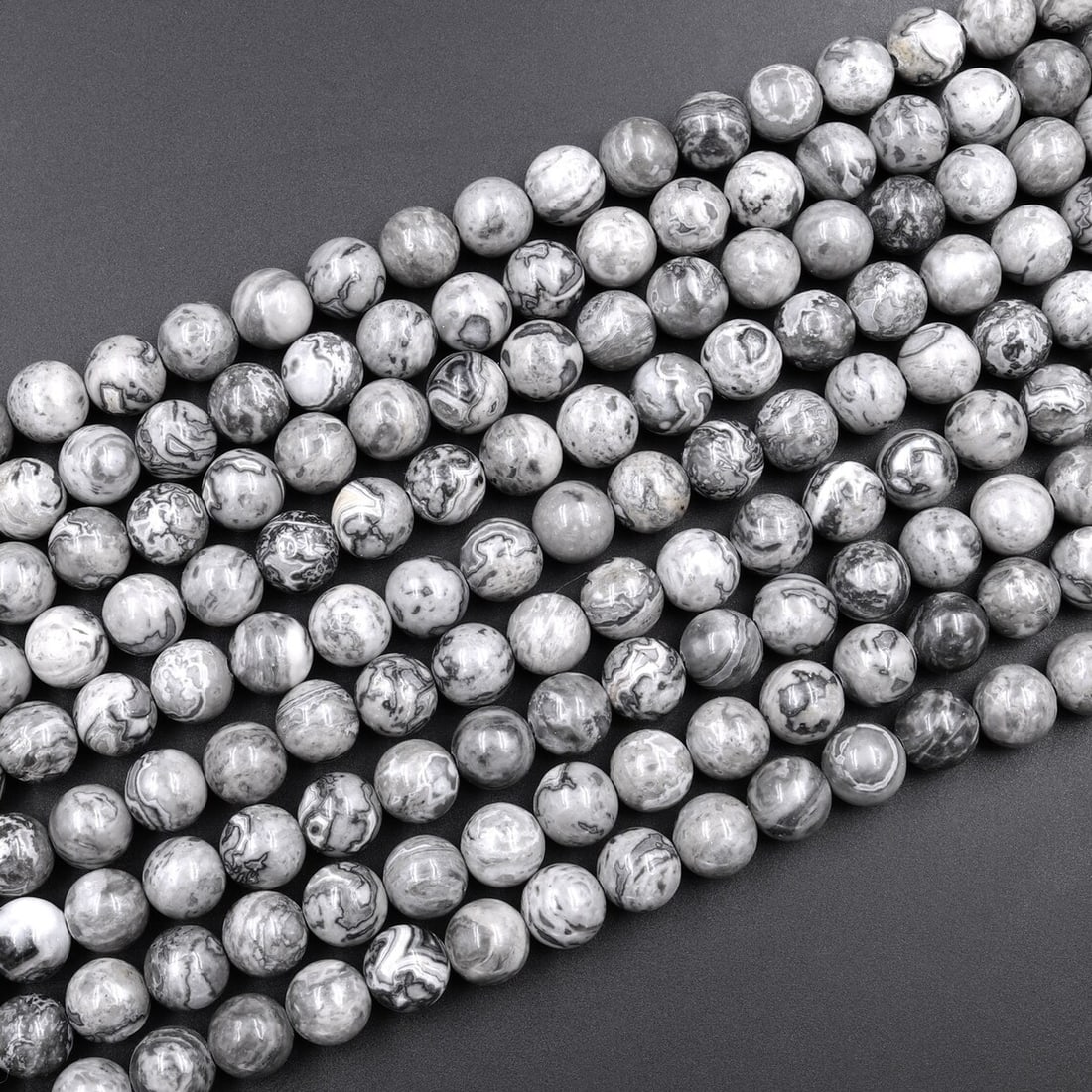 Natural Grey Map Jasper Gemstone 8 mm Round Smooth Plain Beads 10 Strand (1 of 7)