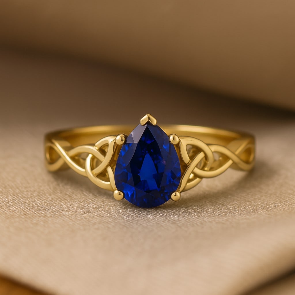 Blue Sapphire Elegy - Teardrop Gemstone Ring in Intricate 14k Yellow Gold Band (1 of 7)