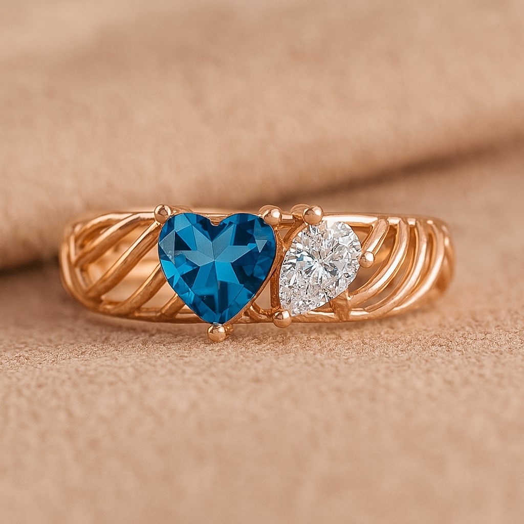 Hearts Entwined - Swiss Blue Topaz & Diamond Toi Et Moi Ring in 14K Rose Gold (1 of 7)