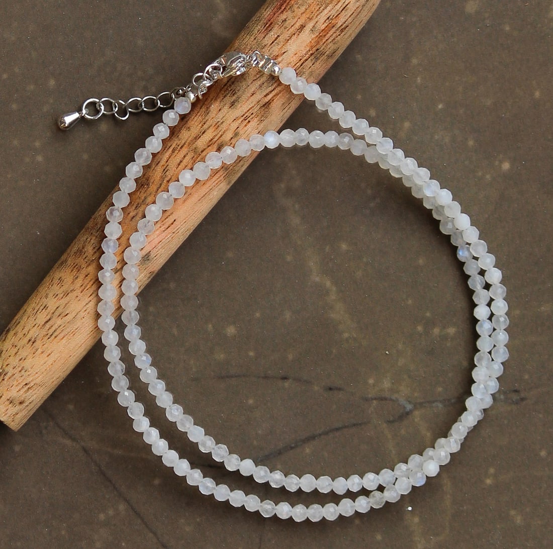 Natural Rainbow Moonstone Gemstone 3 MM Round Micro Faceted Beads Necklace (1 of 6)