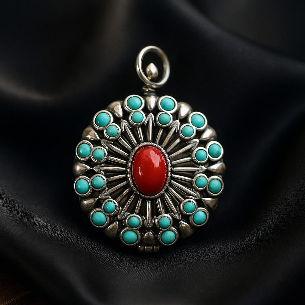 Natural Turquoise & Red Coral 925 Sterling Silver Pendant (1 of 7)