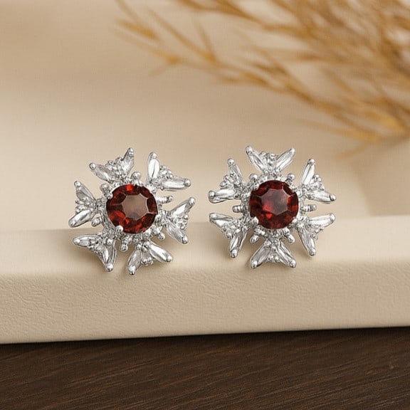 Natural Garnet Gemstone 92.5 Sterling Silver Push Back Earring (1 of 5)