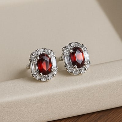 Natural Garnet Gemstone 92.5 Sterling Silver Push Back Earring (1 of 5)