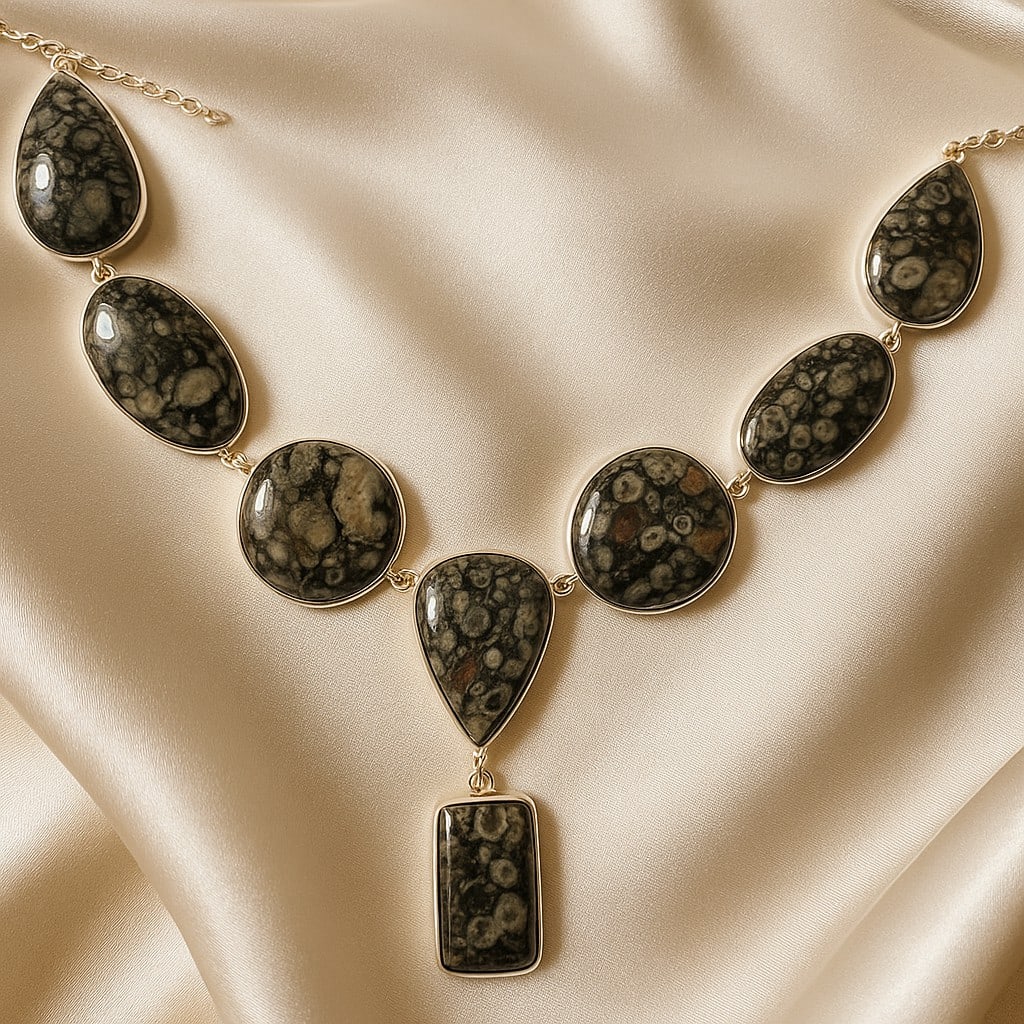 CRINOID FOSSIL GEMSTONE 92.5 STERLING SILVER HANDAMDE NECKLACE: CRINOID FOSSIL GEMSTONE 92.5 STERLING SILVER HANDAMDE NECKLACE Product Type : NECKLACE Main Stone : CRINOID FOSSIL Main Stone Shape : MIX Main Stone Size : MIX Main Stone Color : MULTICOLOR Metal : ST