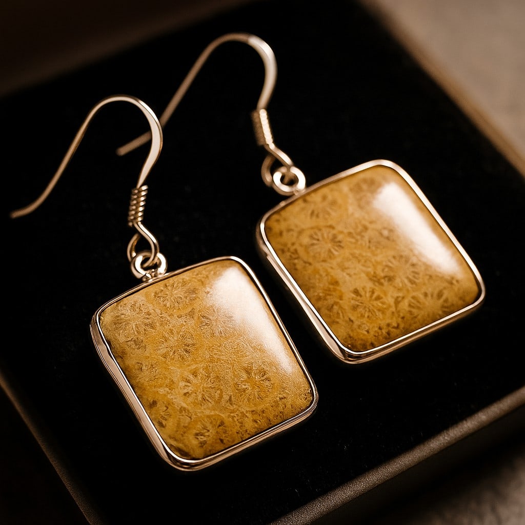 FOSSIL CORAL 92.5 STERLING SILVER EARRING: FOSSIL CORAL 92.5 STERLING SILVER EARRING Product Type : EARRING Main Stone : FOSSIL CORAL Main Stone Shape : SQUARE Main Stone Size : 20X20 MM Main Stone Color : MULTICOLOR Metal : STERLING SILVER Me