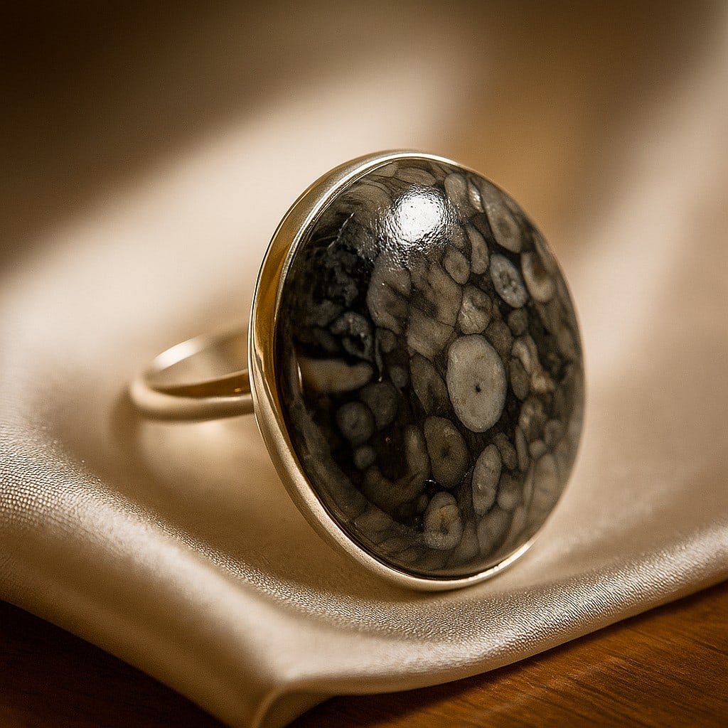 CRINOID FOSSIL 925 STERLING SILVER RING: CRINOID FOSSIL 925 STERLING SILVER RING Product Type : RING Main Stone : CRINOID FOSSIL Main Stone Shape : ROUND Main Stone Size : 25X25 MM Main Stone Color : MULTICOLOR Metal : STERLING SILVER Metal