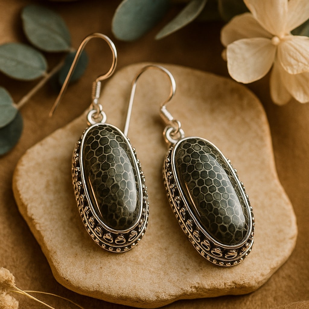 BLACK FOSSIL CORAL 92.5 STERLING SILVER EARRING: BLACK FOSSIL CORAL 92.5 STERLING SILVER EARRING Product Type : EARRING Main Stone : FOSSIL CORAL Main Stone Shape : OVAL Main Stone Size : 10X25 MM Main Stone Color : BLACK Metal : STERLING SILVER Met