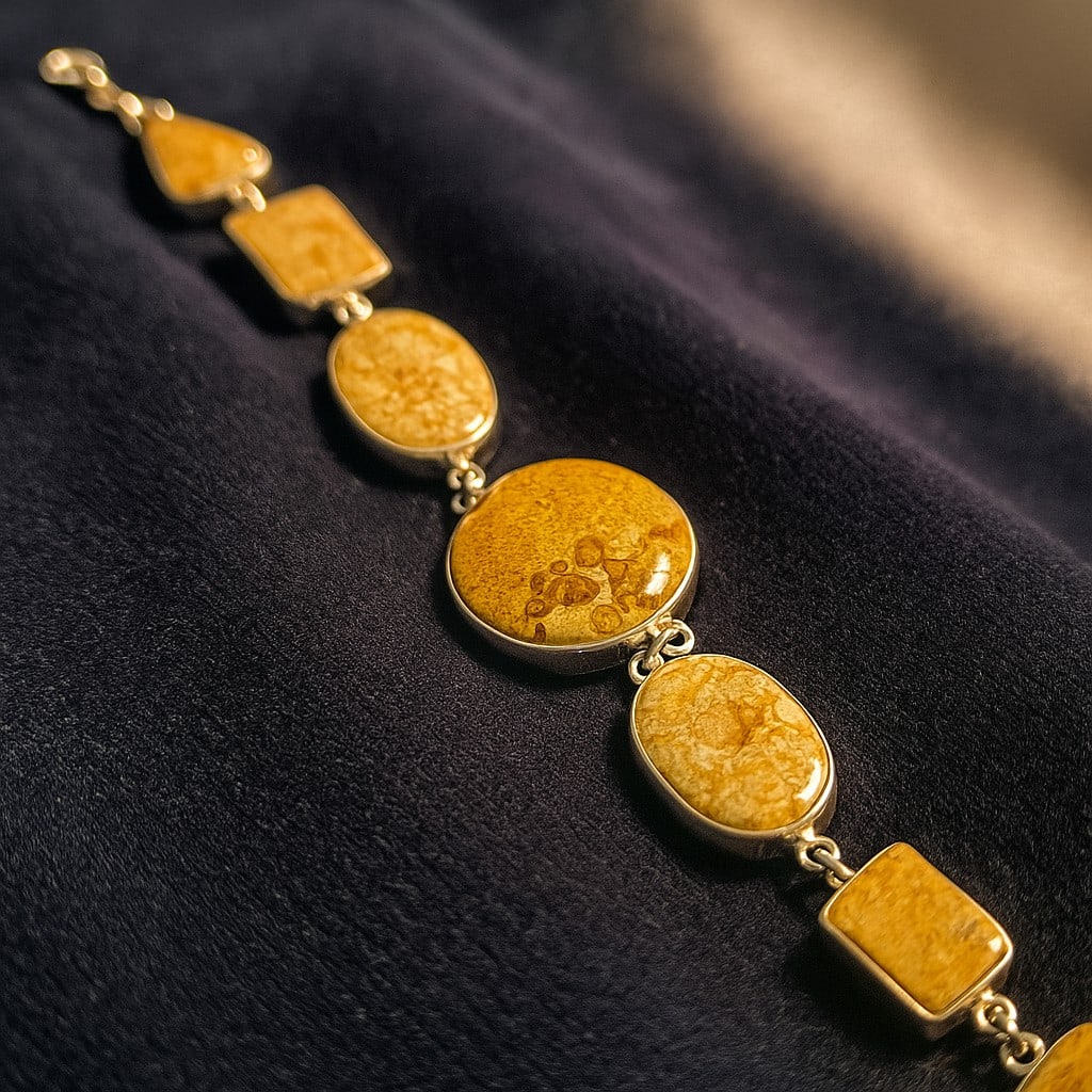 FOSSIL CORAL 92.5 STERLING SILVER BRACELET: FOSSIL CORAL 92.5 STERLING SILVER BRACELET Product Type : BRACELET Main Stone : FOSSIL CORAL Main Stone Shape : MIX Main Stone Size : MIX MM Main Stone Color : MULTICOLOR Metal : STERLING SILVER Metal