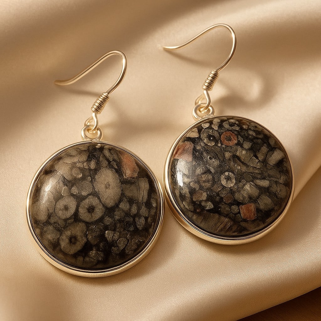 CRINOID FOSSIL 92.5 STERLING SILVER EARRING: CRINOID FOSSIL 92.5 STERLING SILVER EARRING Product Type : EARRING Main Stone : CRINOID FOSSIL Main Stone Shape : ROUND Main Stone Size : 25X25 MM Main Stone Color : MULTICOLOR Metal : STERLING SILVER