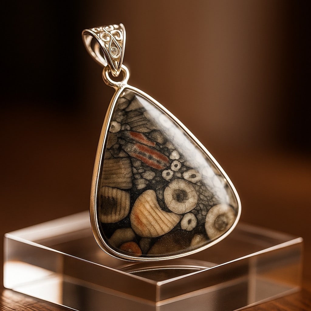 CRINOID FOSSIL 925 STERLING SILVER PENDANT: CRINOID FOSSIL 925 STERLING SILVER PENDANT Product Type : PENDANT Main Stone : CRINOID FOSSIL Main Stone Color : MULTICOLOR Metal : STERLING SILVER Metal Purity : 925 Pendant Size : 1.8" Inches Pendan