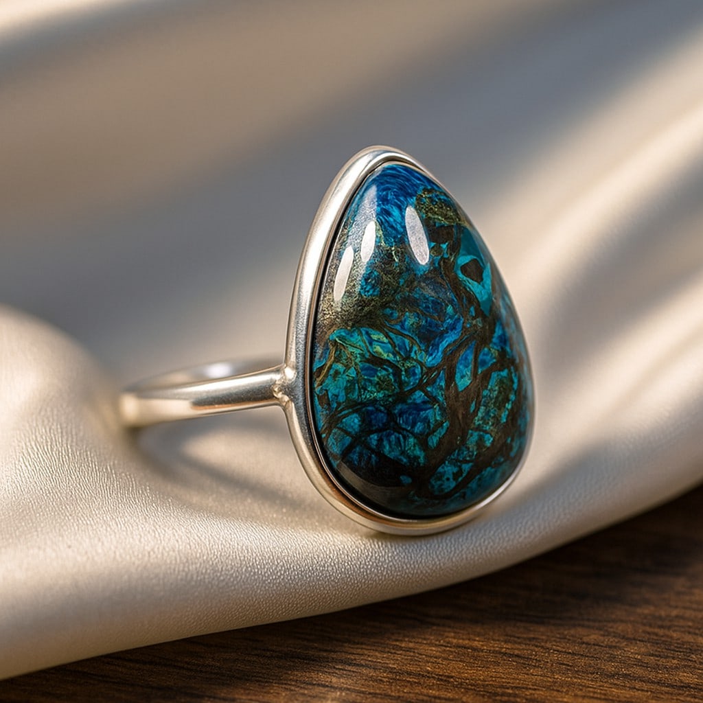 CHRYSOCOLLA 925 STERLING SILVER RING: CHRYSOCOLLA 925 STERLING SILVER RING Product Type : RING Main Stone : CHRYSOCOLLA Main Stone Shape : FANCY Main Stone Size : 21X16 MM Main Stone Color : MULTICOLOR Metal : STERLING SILVER Metal Purity