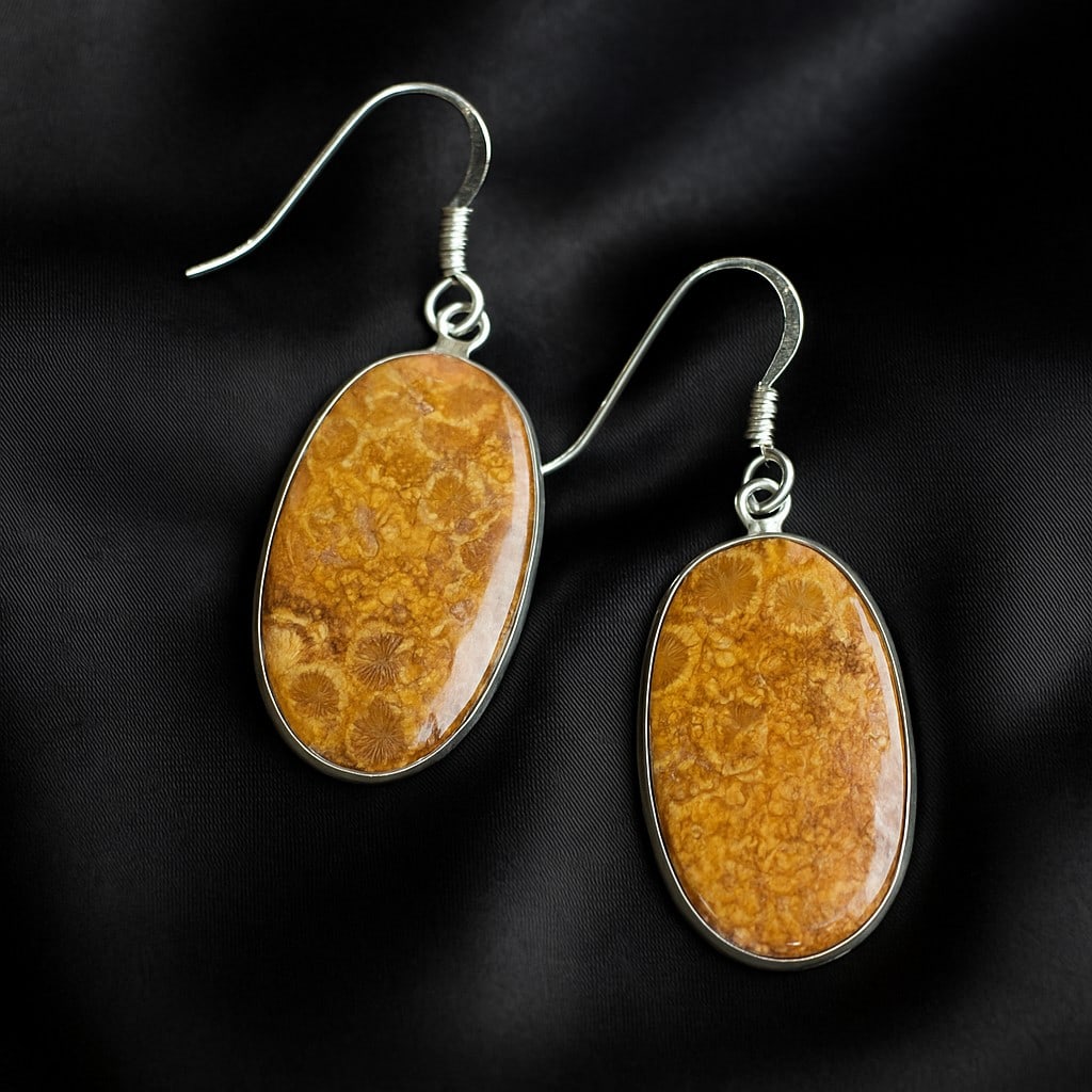 FOSSIL CORAL 92.5 STERLING SILVER EARRING: FOSSIL CORAL 92.5 STERLING SILVER EARRING Product Type : EARRING Main Stone : FOSSIL CORAL Main Stone Shape : OVAL Main Stone Size : 29X18 MM Main Stone Color : BROWN Metal : STERLING SILVER Metal Pur