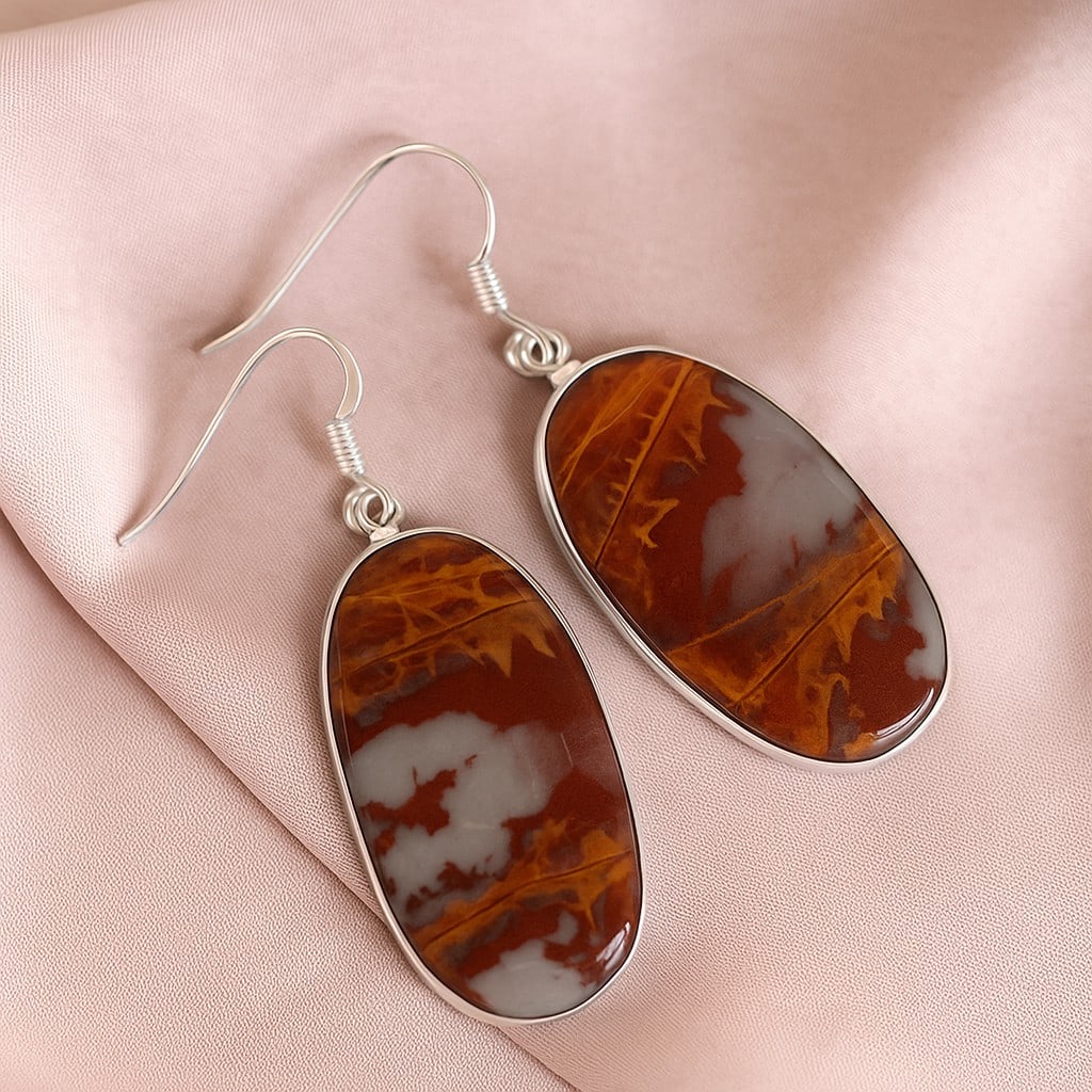 NOREENA JASPER 92.5 STERLING SILVER EARRING: NOREENA JASPER 92.5 STERLING SILVER EARRING Product Type : EARRING Main Stone : NOREENA JASPER Main Stone Shape : OVAL Main Stone Size : 34X18 MM Main Stone Color : MULTICOLOR Metal : STERLING SILVER