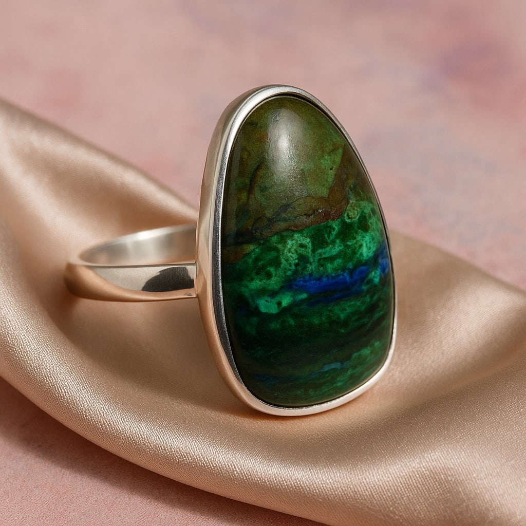 AZURITE MALACHITE 925 STERLING SILVER RING: AZURITE MALACHITE 925 STERLING SILVER RING Product Type : RING Main Stone : AZURITE MALACHITE Main Stone Shape : FANCY Main Stone Size : 21X16 MM Main Stone Color : MULTICOLOR Metal : STERLING SILVER