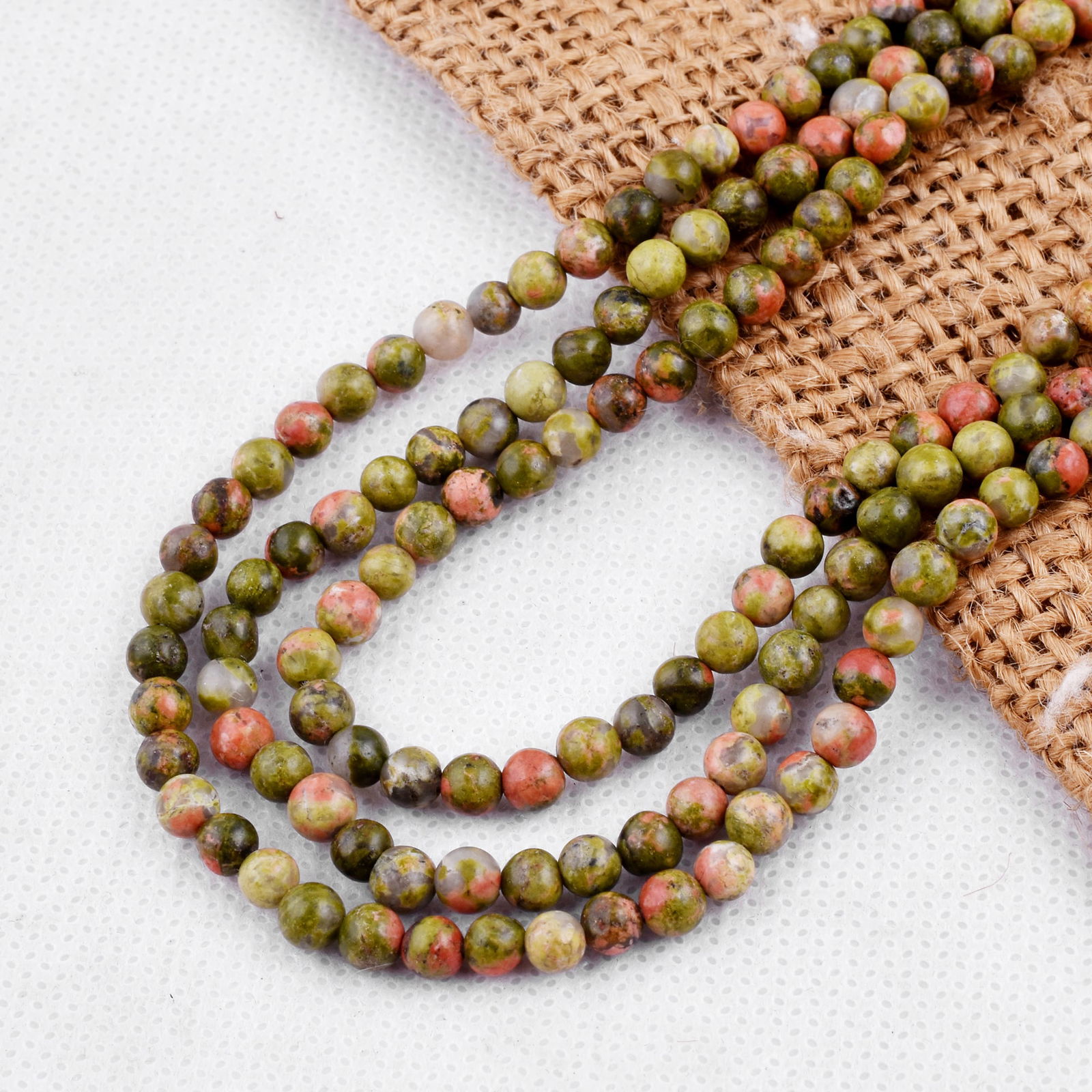 Natural Unakite Necklace 4 MM Round Smooth 3 String Beads Gemstone (1 of 5)