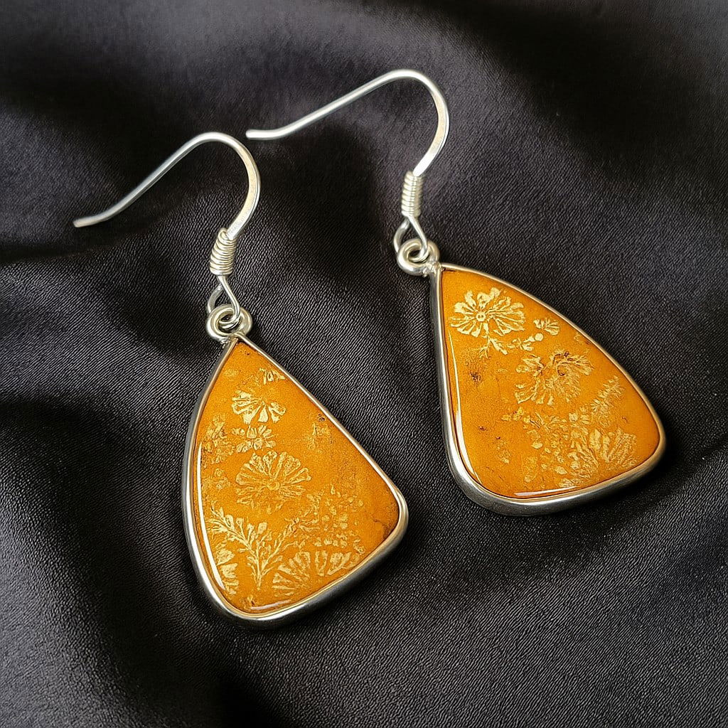 FOSSIL CORAL 92.5 STERLING SILVER EARRING: FOSSIL CORAL 92.5 STERLING SILVER EARRING Product Type : EARRING Main Stone : FOSSIL CORAL Main Stone Shape : FANCY Main Stone Size : 22X15 MM Main Stone Color : MULTICOLOR Metal : STERLING SILVER Met