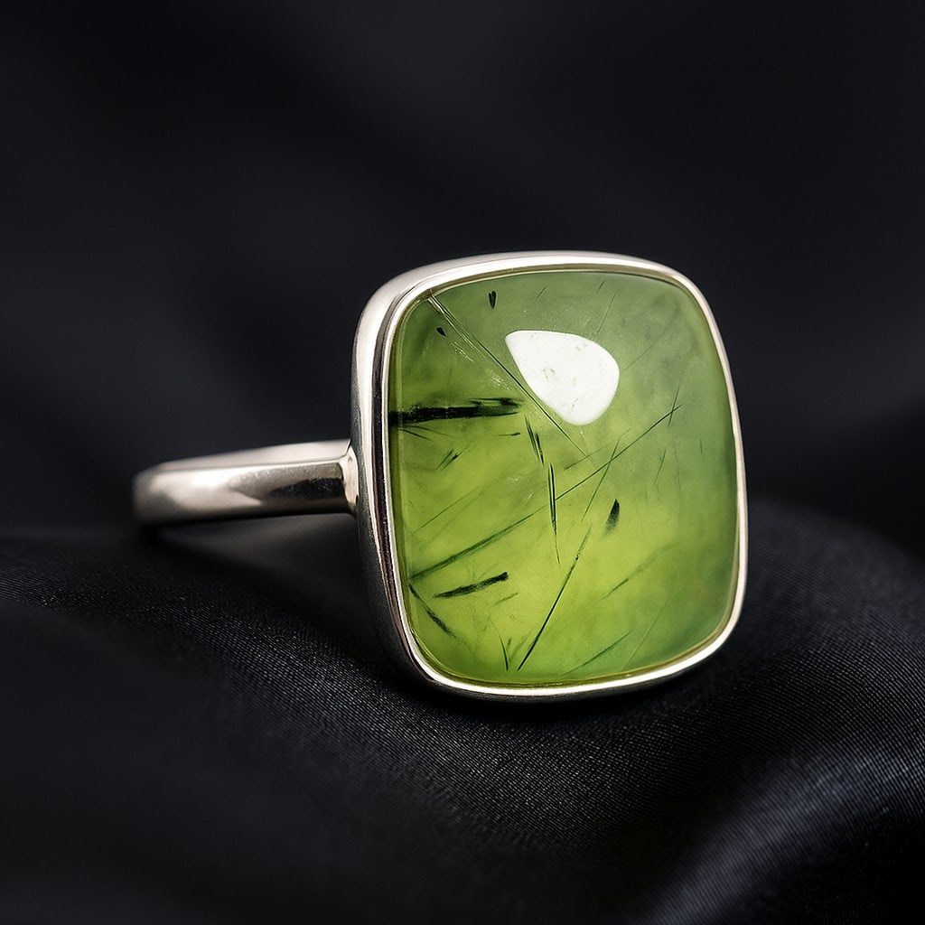 PREHNITE 925 STERLING SILVER RING: PREHNITE 925 STERLING SILVER RING Product Type : RING Main Stone : PREHNITE Main Stone Shape : CUSHION Main Stone Size : 17X17 MM Main Stone Color : GREEN Metal : STERLING SILVER Metal Purity : 925 Ri
