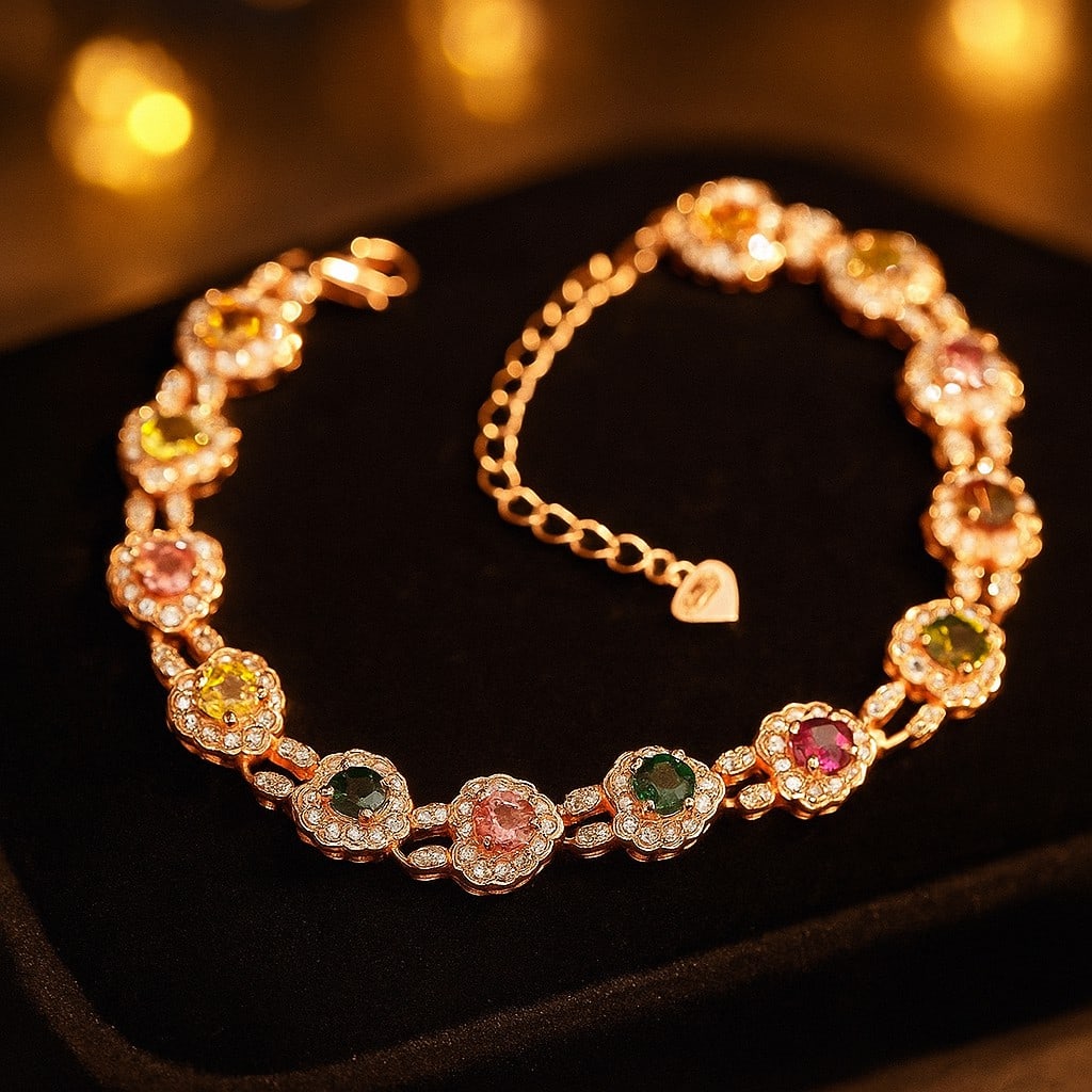 Natural Multi Tourmaline 925 Sterling Silver Bracelet (1 of 6)