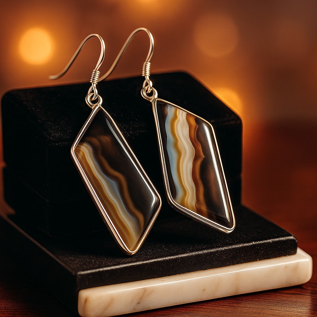 BANDED AGATE 92.5 STERLING SILVER EARRING: BANDED AGATE 92.5 STERLING SILVER EARRING Product Type : EARRING Main Stone : BANDED AGATE Main Stone Shape : FANCY Main Stone Size : 34X12 MM Main Stone Color : MULTICOLOR Metal : STERLING SILVER Met