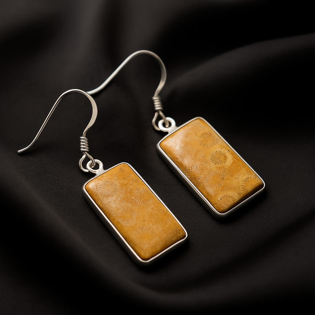 FOSSIL CORAL 92.5 STERLING SILVER EARRING: FOSSIL CORAL 92.5 STERLING SILVER EARRING Product Type : EARRING Main Stone : FOSSIL CORAL Main Stone Shape : OCTAGON Main Stone Size : 19X11 MM Main Stone Color : BROWN Metal : STERLING SILVER Metal