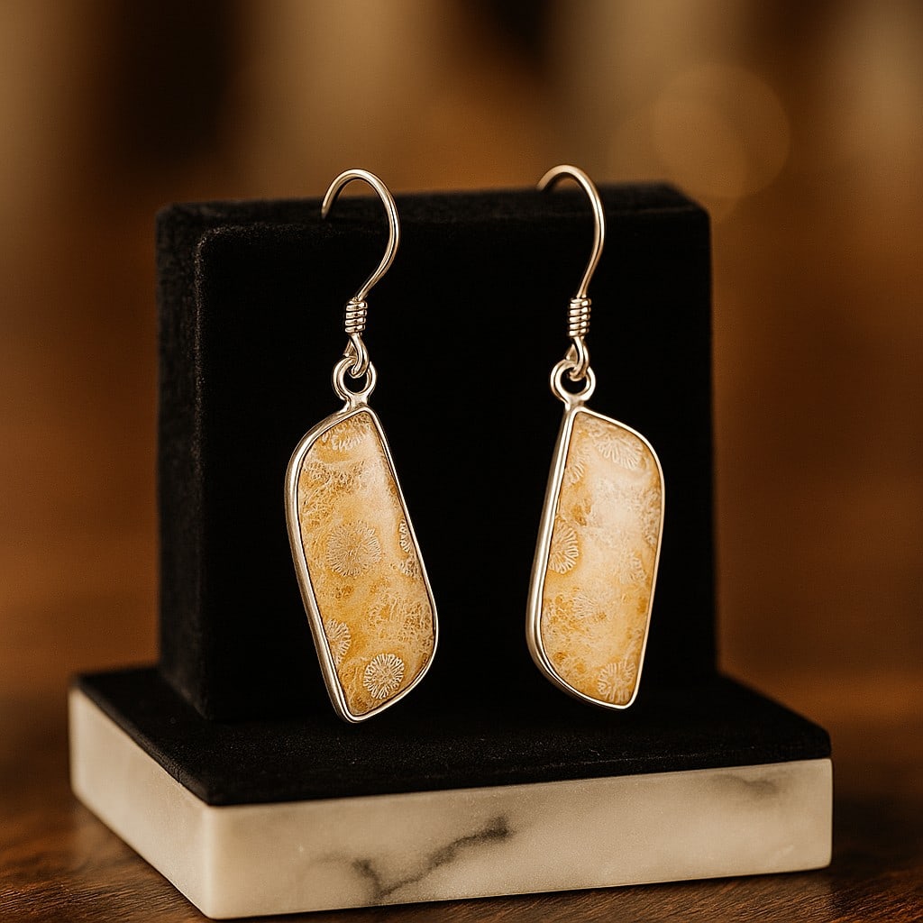 FOSSIL CORAL 92.5 STERLING SILVER EARRING: FOSSIL CORAL 92.5 STERLING SILVER EARRING Product Type : EARRING Main Stone : FOSSIL CORAL Main Stone Shape : FANCY Main Stone Size : 24X11 MM Main Stone Color : CREAM Metal : STERLING SILVER Metal Pu