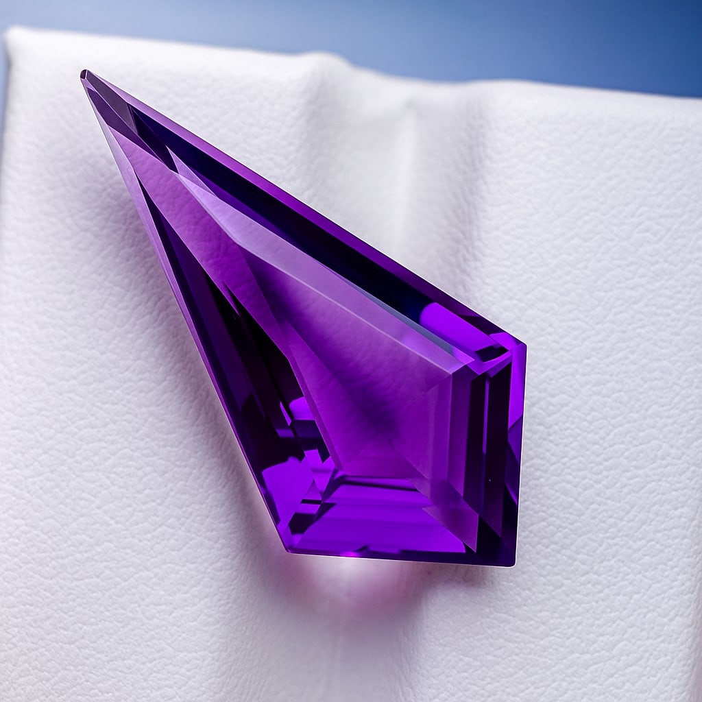Natural Amethyst Fancy Cut 9.1 Cts. Gemstone: Natural Amethyst Fancy Cut 9.1 Cts. Gemstone Amethyst Shape : Fancy Size : 26x11.5x7.5 MM Color : Purple Type : Cut Quantity : 1 Piece Weight : 9.1 Carats Country of