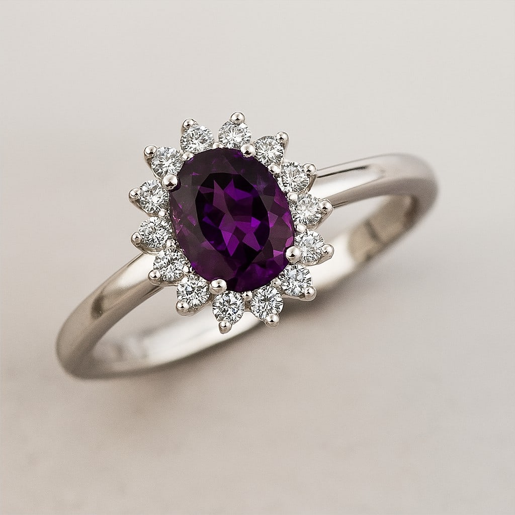 Natural Amethyst Gemstone & Lab Grown Diamonds Silver Ring (1 of 7)