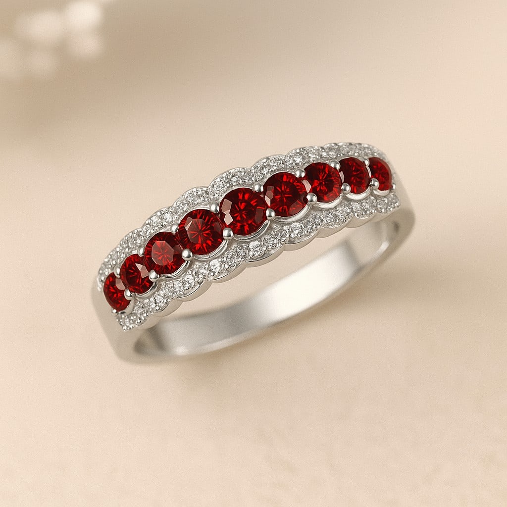 Natural Garnet Gemstone & Lab Grown Diamonds Silver Ring (1 of 7)
