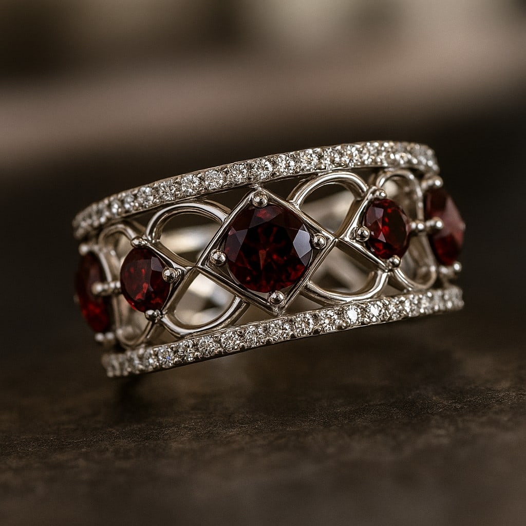 Natural Garnet Gemstone & Lab Grown Diamonds Silver Ring (1 of 7)