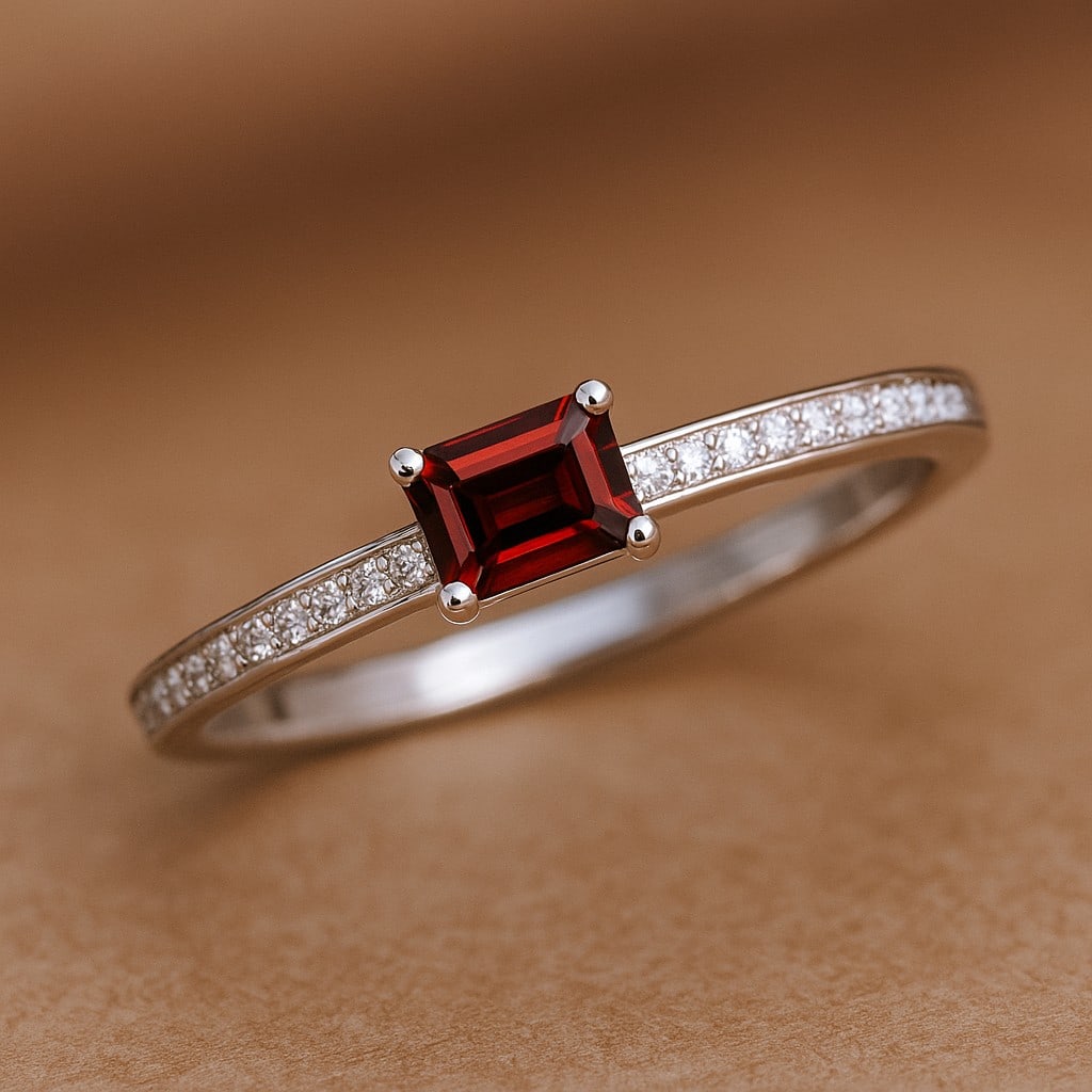 Natural Garnet Gemstone & Lab Grown Diamonds Silver Ring: Natural Garnet Gemstone & Lab Grown Diamonds Silver Ring Jewelry Type : Ring Gemstone : Natural Garnet Gemstone Shape : Emerald Gemstone Size : 5x3 MM Gemstone Quantity : 1 Piece Diamond Typ