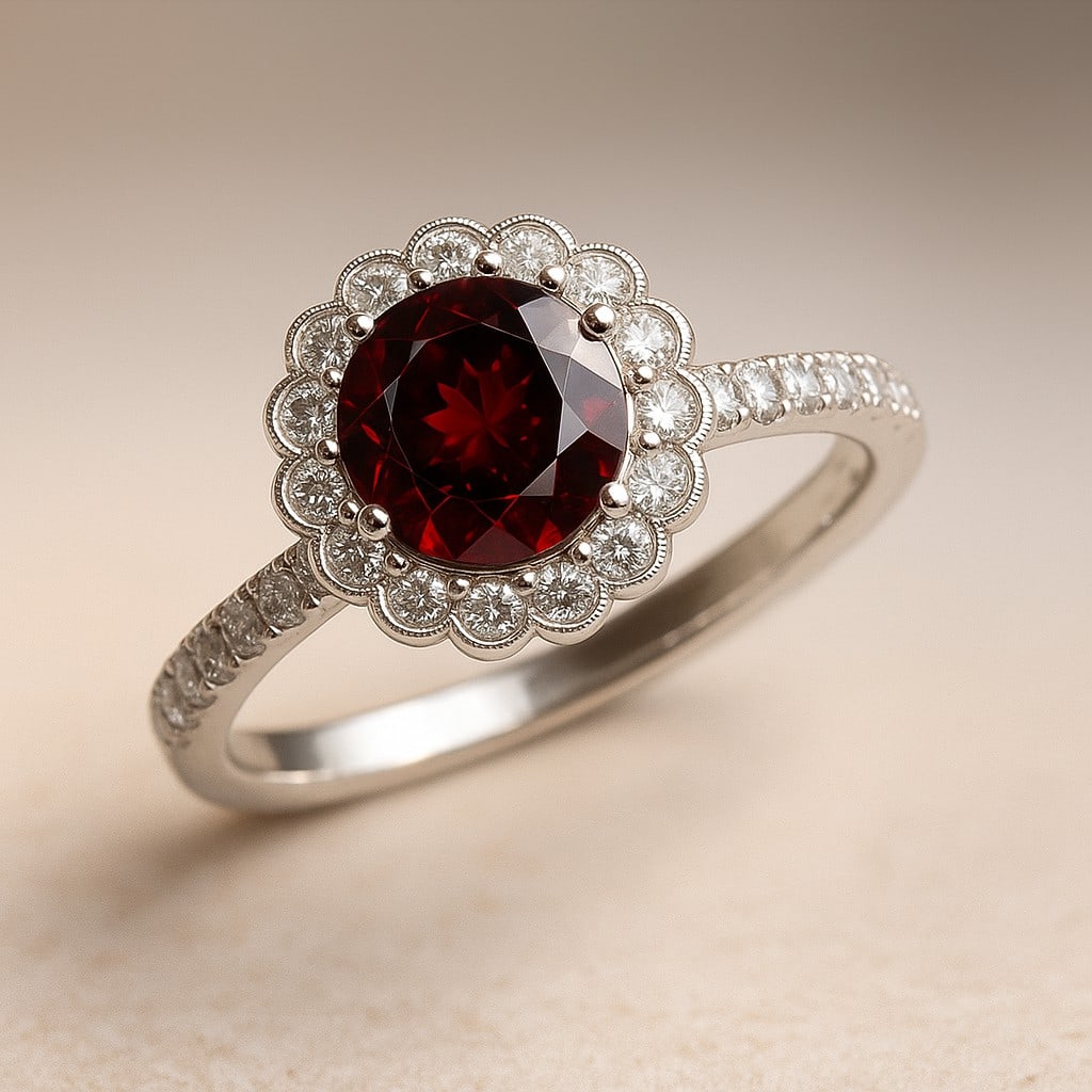 Natural Garnet Gemstone & Lab Grown Diamonds Silver Ring: Natural Garnet Gemstone & Lab Grown Diamonds Silver Ring Jewelry Type : Ring Gemstone : Natural Garnet Gemstone Shape : Round Gemstone Size : 7 MM Gemstone Quantity : 1 Piece Diamond Type :